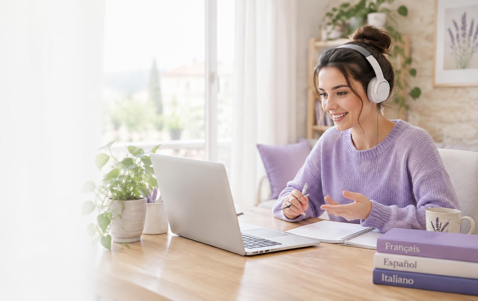 Student practicing a language on a video call